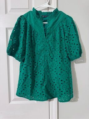 PrettyGarden Eyelet Split-Neck Puff Sleeve Top - Green - Size S